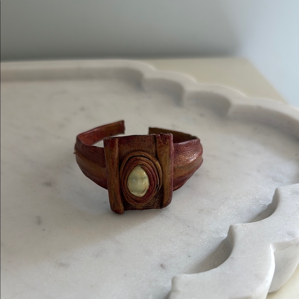 Brown Leather Cuff Bracelet with Pearl Accent